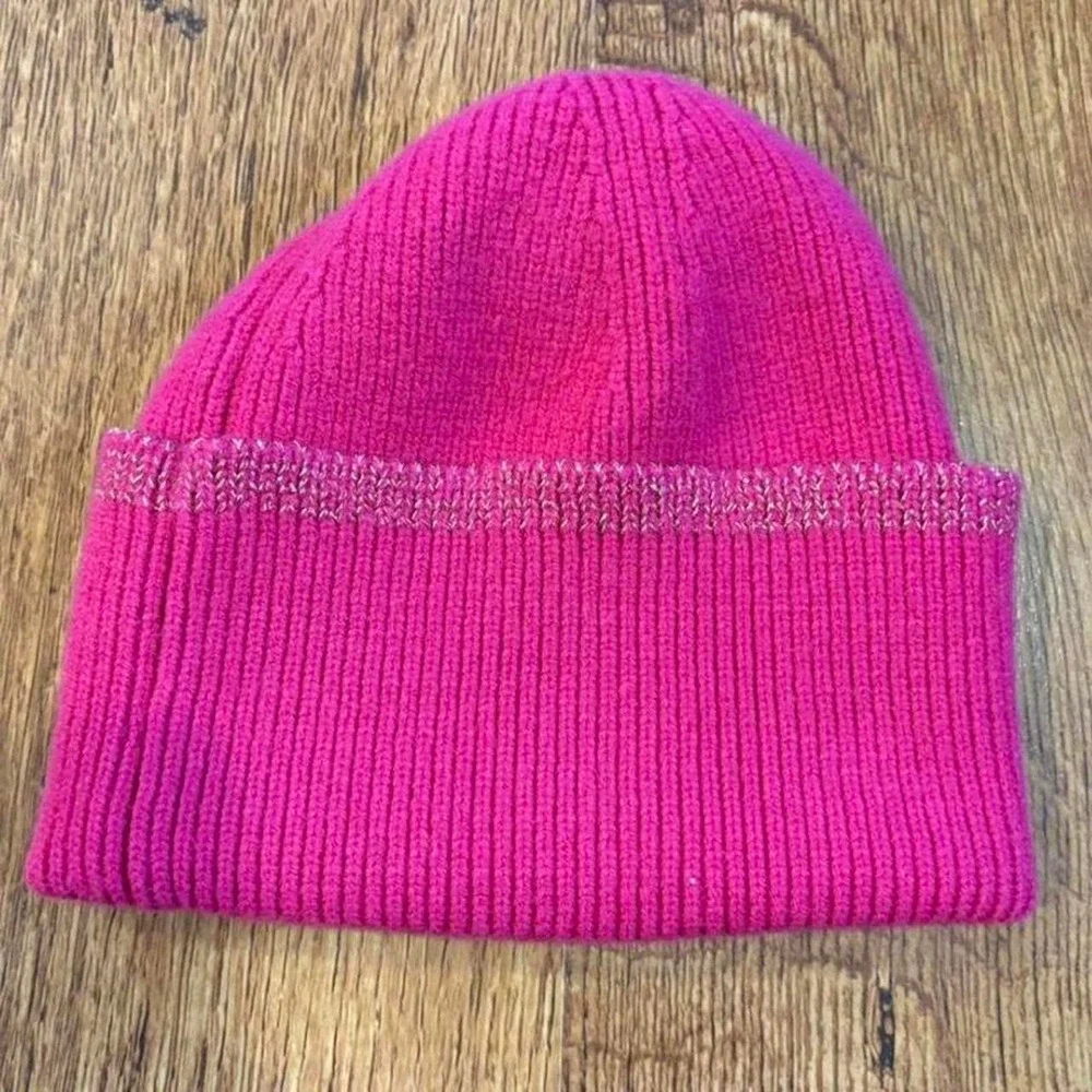 BP Hot Pink Ribbed Knit Beanie Silver Metallic Trim One Size Hat
